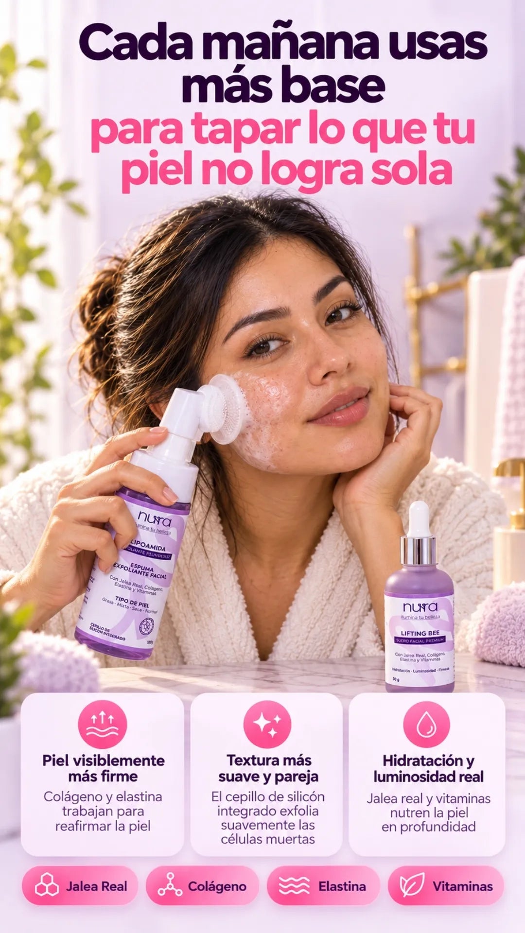 Aplicación de la rutina facial NURA: piel más firme, textura más suave e hidratación