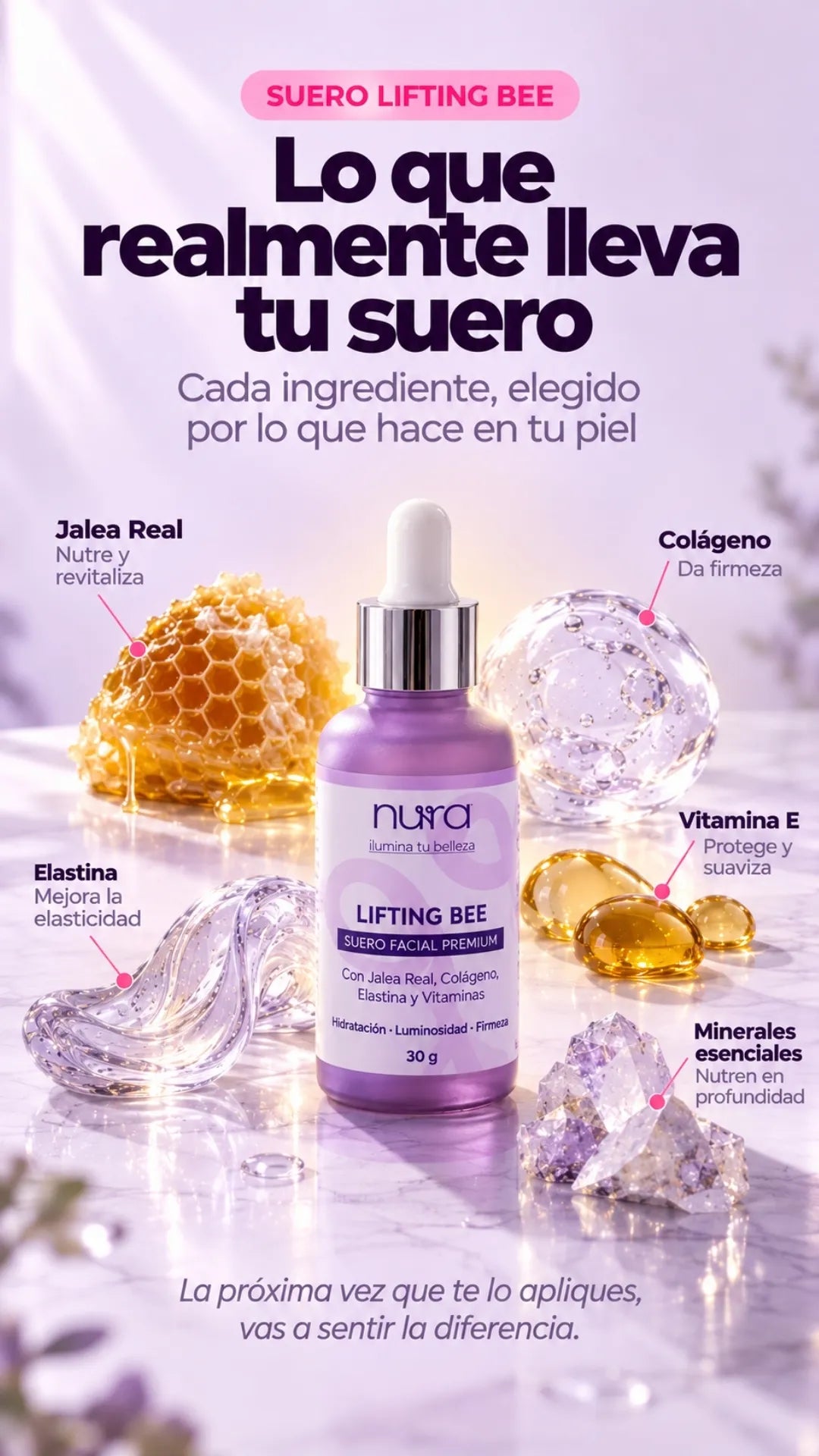Ingredientes del suero Lifting Bee: jalea real, colágeno, elastina, vitamina E y minerales