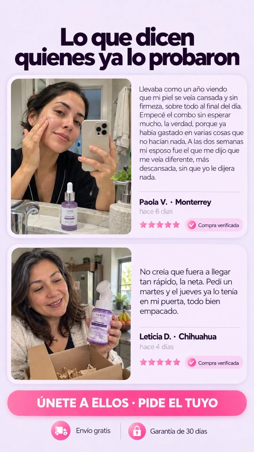 Testimonios de Paola V. (Monterrey) y Leticia D. (Chihuahua), compra verificada, 5 estrellas