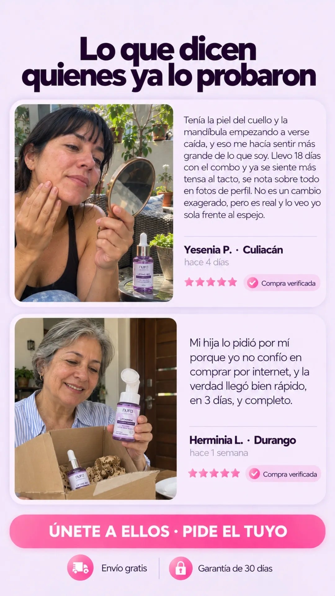 Testimonios de Yesenia P. (Culiacán) y Herminia L. (Durango), compra verificada, 5 estrellas